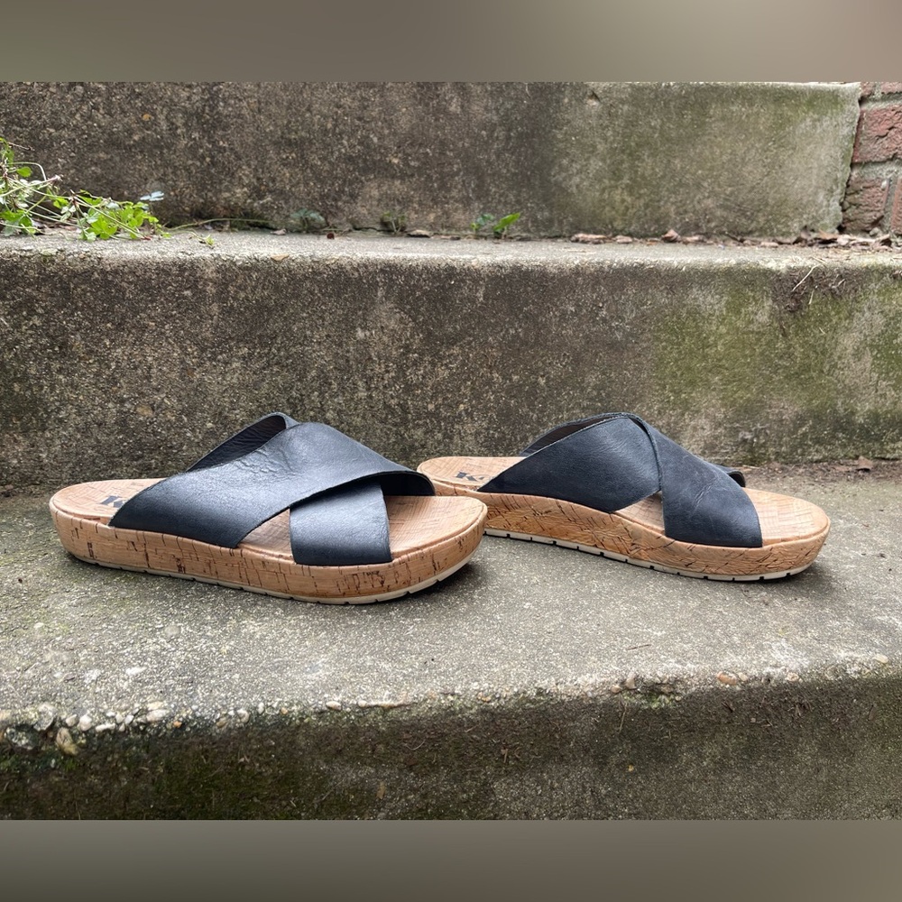 Korks by Kork-Ease criss-cross slides, women’s 9, black leather